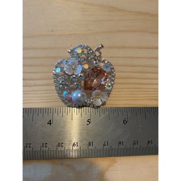 Rhinestone Apple Brooch With Floral & Pearl Accents - Picture 3 of 4